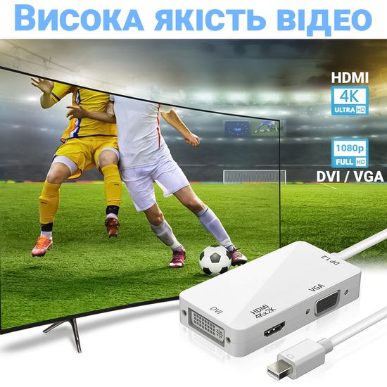 Відео адаптер, конвертер 3в1 з Mini DisplayPort на HDMI/VGA/DVI роз'єми Addap MDPA-02Mix, 4K / 1080P