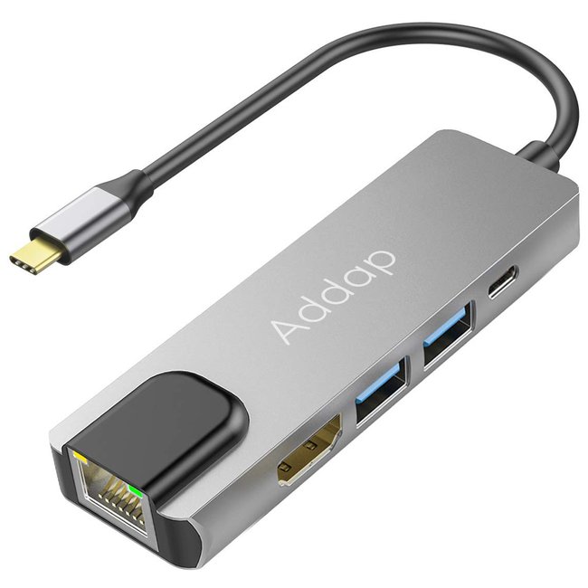 Мультифункциональный USB Type-C хаб / разветвитель Addap MH-09, концентратор 5в1: 2 x USB 3,0 + Type-C + HDMI + Ethernet 100mbps 7775 фото